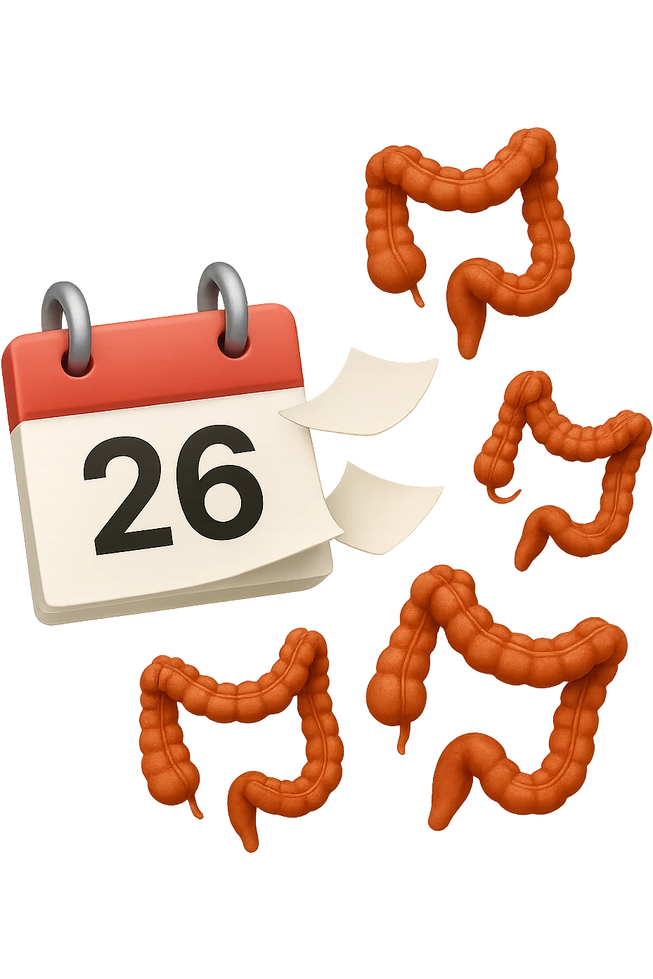 emoji stile iphone di un calendario con fogli che volano insieme a pezzi anatomici di colon umano, iperrealistico 4k, isolato su sfondo bianco emoji