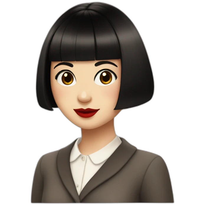 only 1 girl who looks like amelie poulain, short bob cut with bangs, black hair, brown eyes, cherry red lips, white skin, dark academia aesthetic kind of clothing emoji