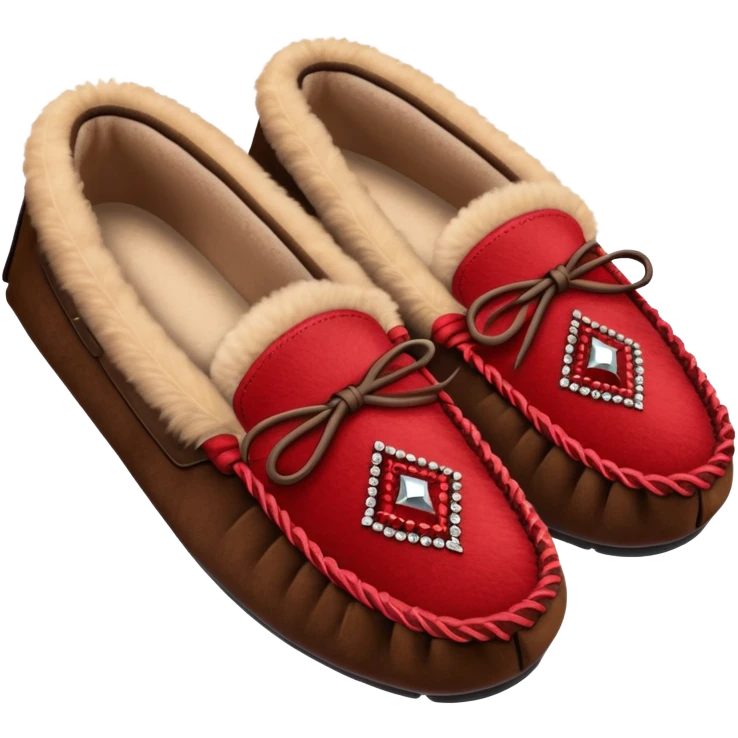 dark brown moccasins with red stiched diamond design and fluffy fur emoji