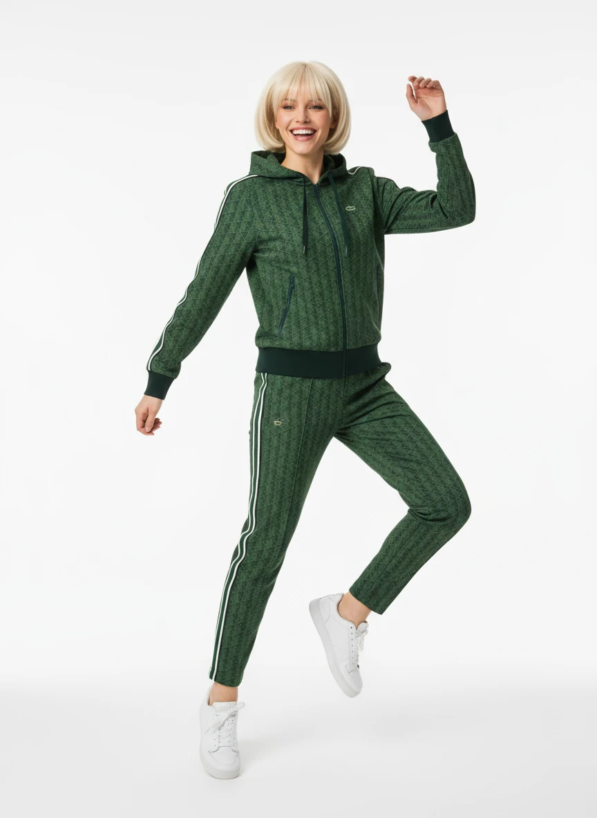 Make her dress in this outfit, model dynamic pose, white solid background emoji