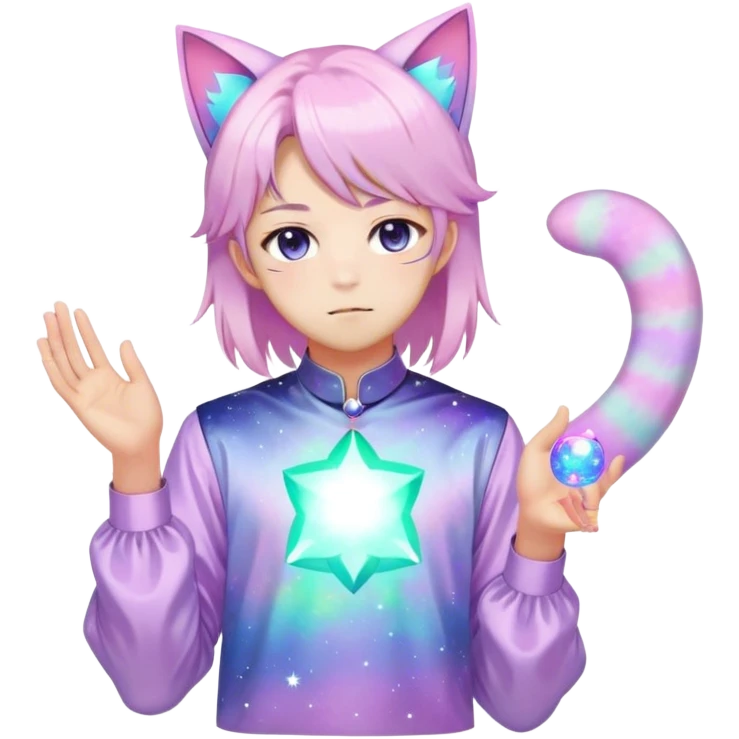 effeminate young colorful pastel nebula femboy man with shiny hair, cat ears, blouse, cute, gorgeous, anime, catboy, full body emoji