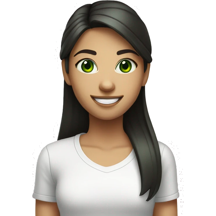 girl with dark straight hair and green eyes smiling in white t shirt  emoji