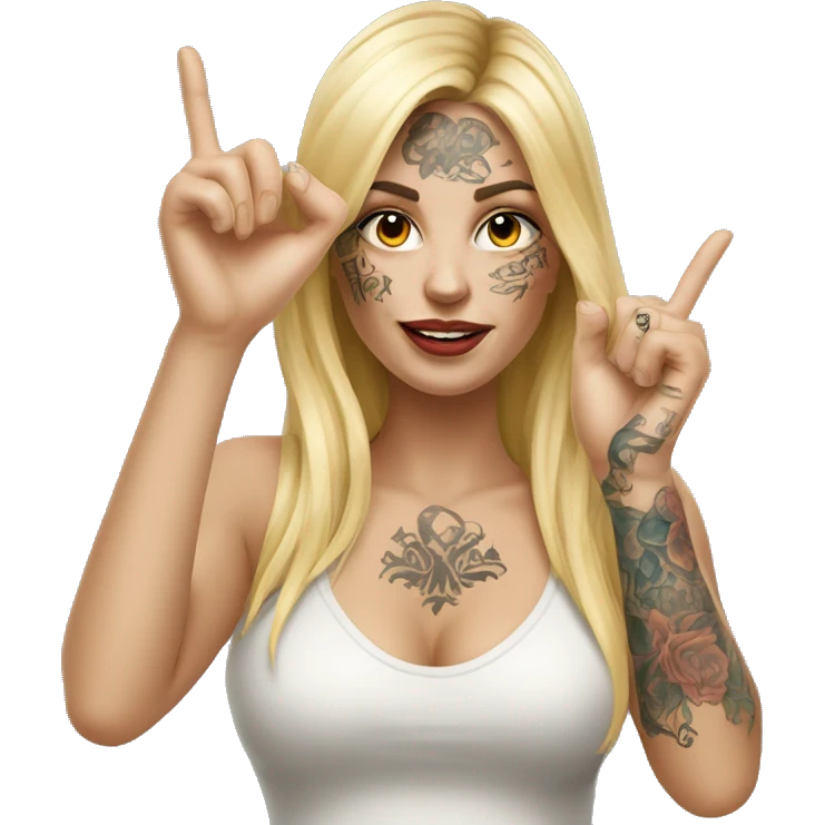 Blonde elegant women with LONG HAIR, her Body Covered with Tattoos, POINTING YOU FORWARD with her HAND with INDEX FINGER, Hyper realistic emoji