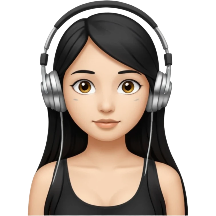 a fair INDIAN girl with straight black long hair, wearing a black cami top. and wearing silver  headphones on emoji