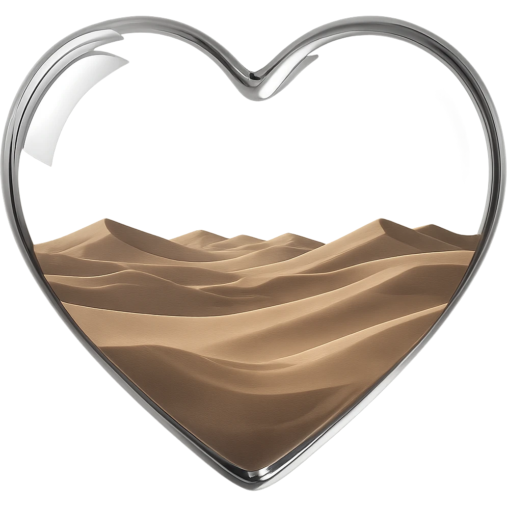 Remove the sun from inside the glass heart, keep only the empty desert sand dunes, realistic glass look, 3D emoji style, with no background emoji