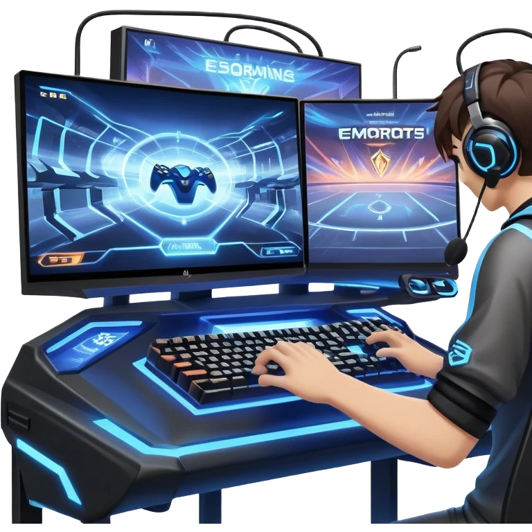 An icon featuring a gaming monitor displaying an intense esports competition, with players' hands on controllers and keyboards. A digital scoreboard and glowing energy lines surround the scene, symbolizing the excitement of competitive gaming. Transparent background highlights the world of esports. emoji