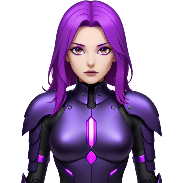 A sleek warrior woman with flowing purple hair, her sharp violet eyes glowing with quiet intensity. She wears a form-fitting black armored suit with smooth, seamless plating, a fusion of high-tech design and elegant minimalism. The matte black surface subtly reflects the dim ambient light, highlighting the streamlined contours of her suit. A slim, obsidian blade rests at her side, its edge barely visible in the soft glow of floating digital glyphs around her. Her expression is poised—calm, calculated, and unwavering, standing against a gradient-lit backdrop, where darkness meets the faintest hint of neon luminescence. emoji