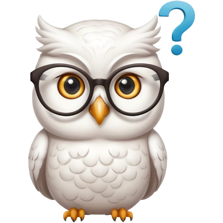 Slim feminine White owl with glasses and a question mark thought bubble emoji