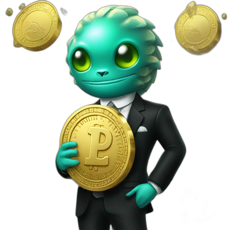 Aquamarine reptiloid in black suite with laser eyes on the golden coin in background emoji