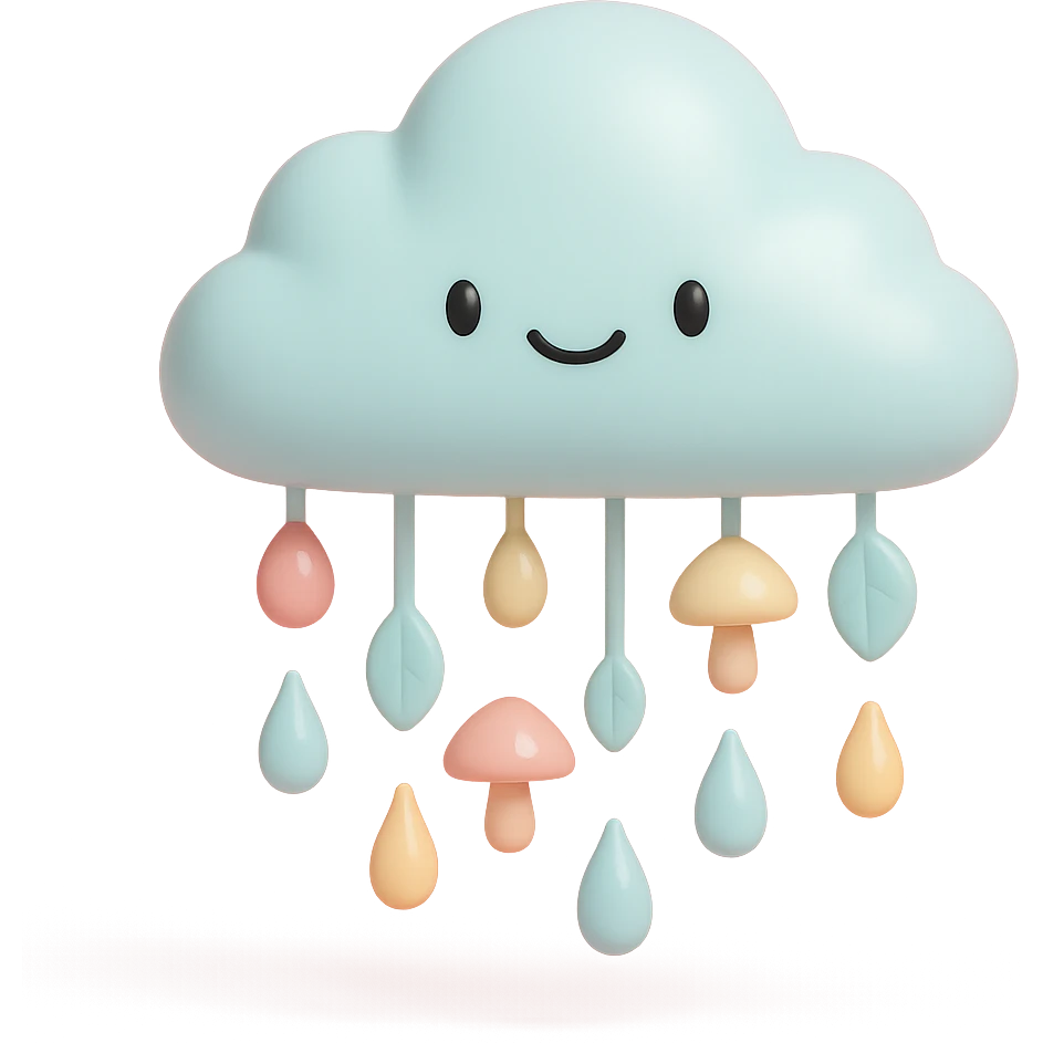 cloud raining tiny leaves and mushrooms, whimsical rain, pastel tones, vinyl figure style emoji