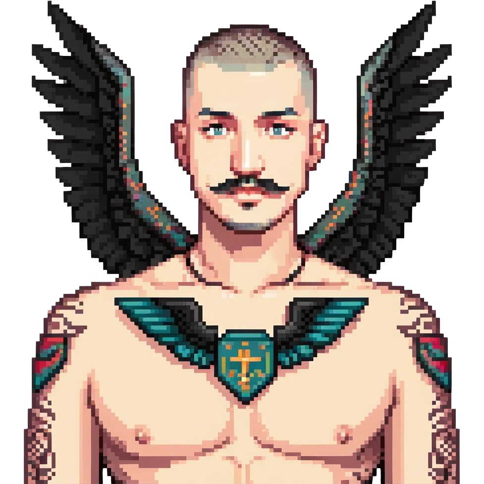 pumped up white male, buzz cut black hair, handlebar mustache black, two wings tattooed on his chest emoji