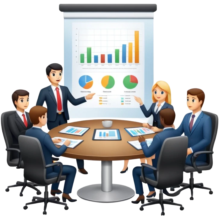 boardroom meeting with people presenting charts on a large table emoji