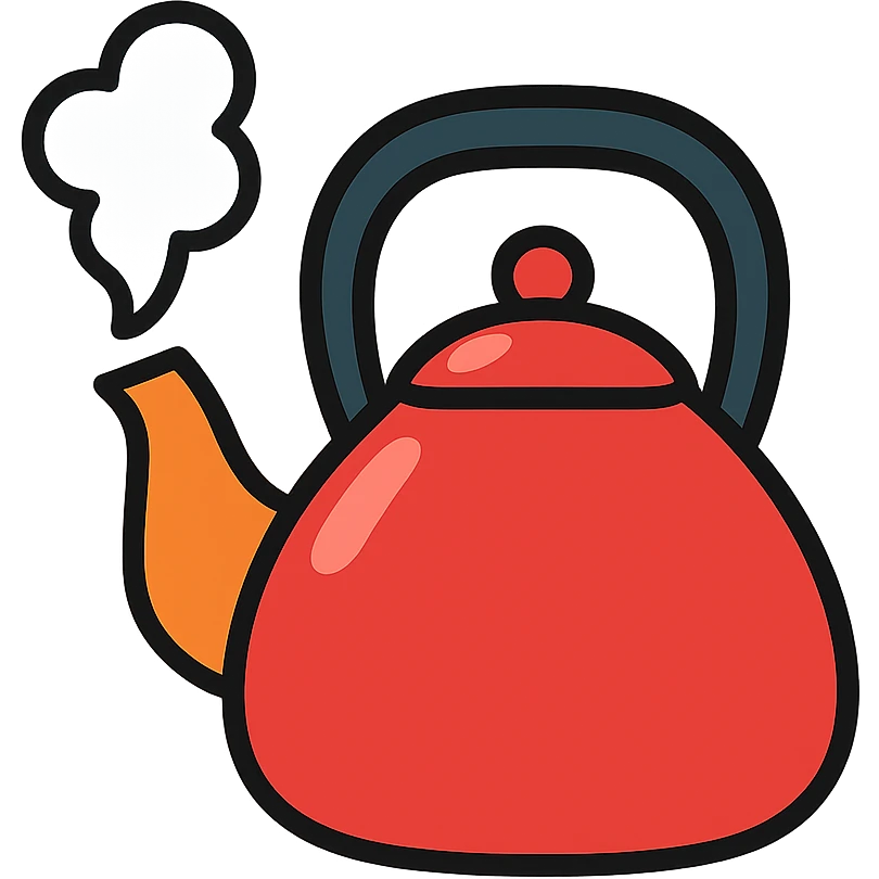 red teapot with black handle in frutiger aero style, with steam coming out emoji
