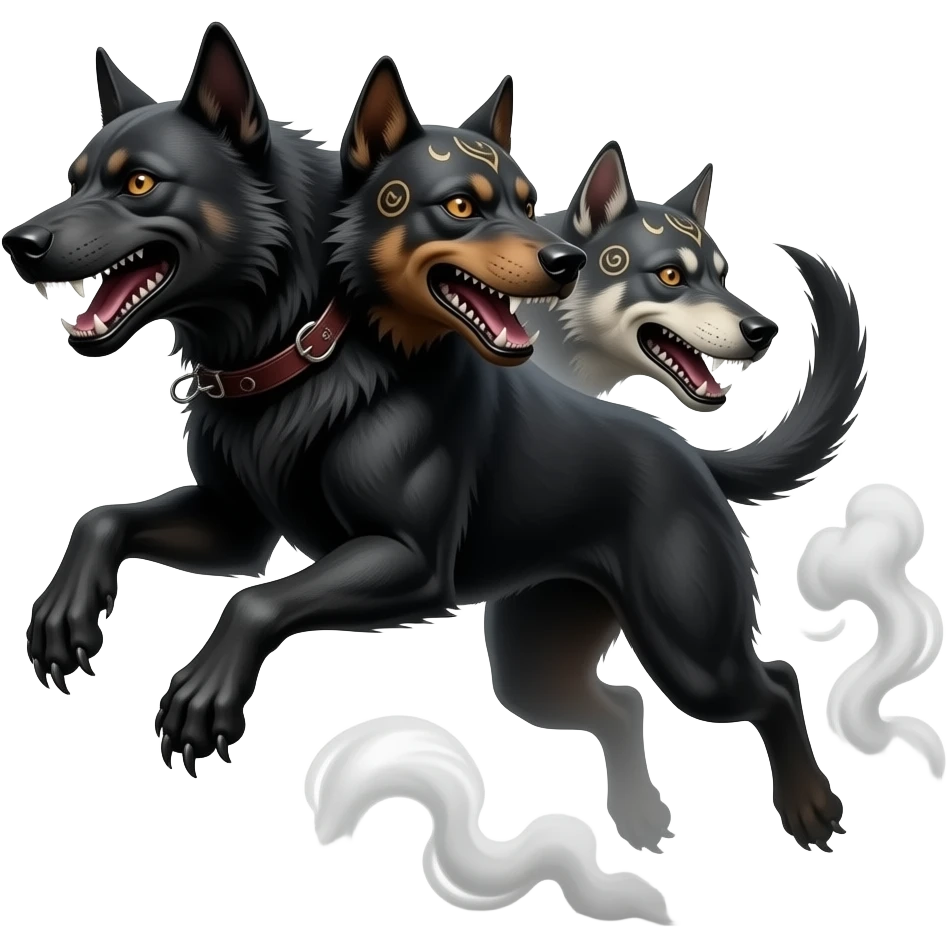 cinematic - cerberus, a three-headed creepy black hellhound in a jump, in smoke, tattooed emoji