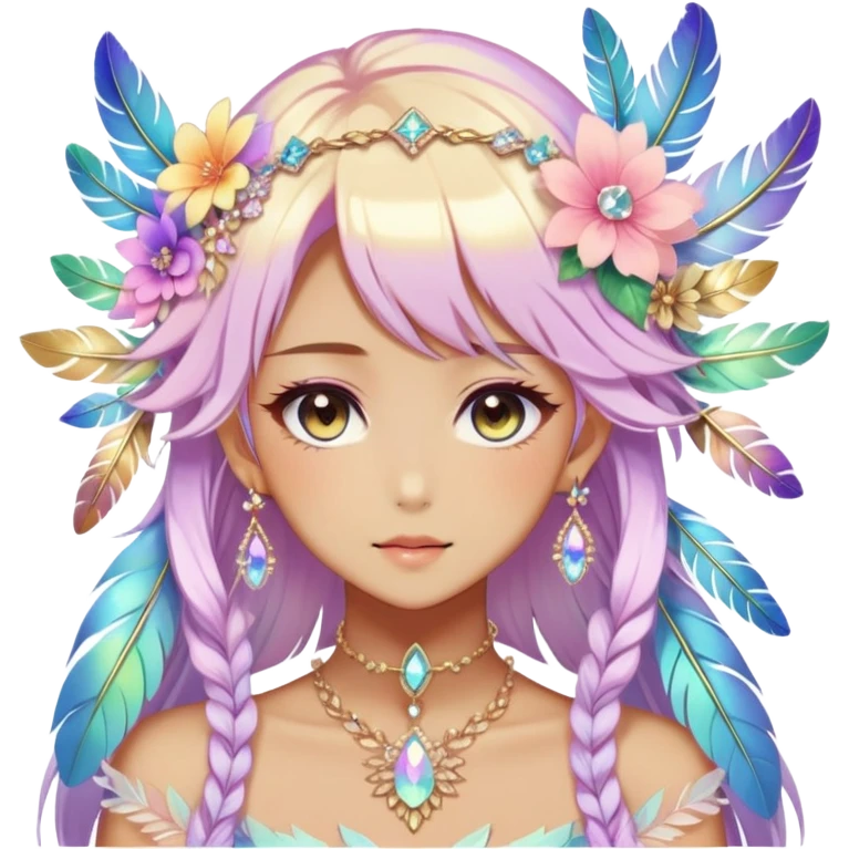 Beautiful gorgeous anime lady with beautiful iridescent-special-hair, fashion aesthetic, ethereal, fairycore, pastelcore, feather, flower, crystals, accessories, jewelries, gold, colorful emoji