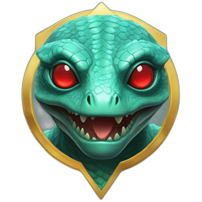 Aquamarine Reptilian with red lasers from the eyes in black suite on the golden coin emoji