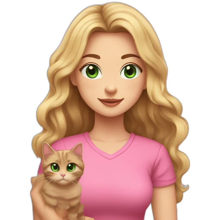 woman with green eyes and long wavy blonde hair in a pink shirt is holding a very fluffy and fat black and tortoiseshell cat emoji