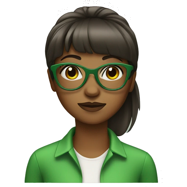 brown skin girl with straight bangs and green glasses emoji