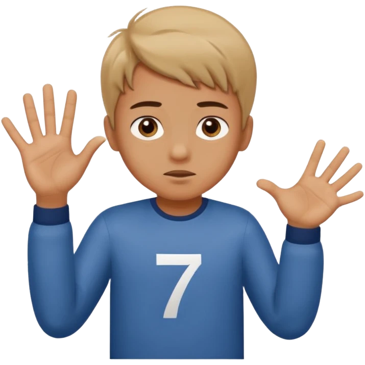 A boy shrugging with the number 6 over one hand and the number 7 over the other  emoji