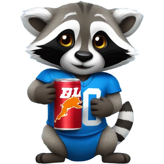 A cute raccoon holding a red bull drink, wearing a blue Detroit lions jersey  emoji