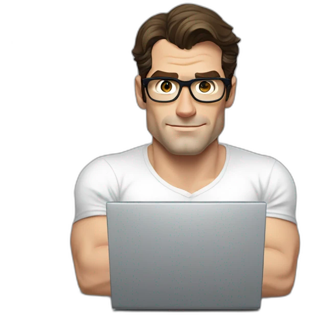 front view of henry cavill clark kent wearing white t-shirt using a laptop emoji