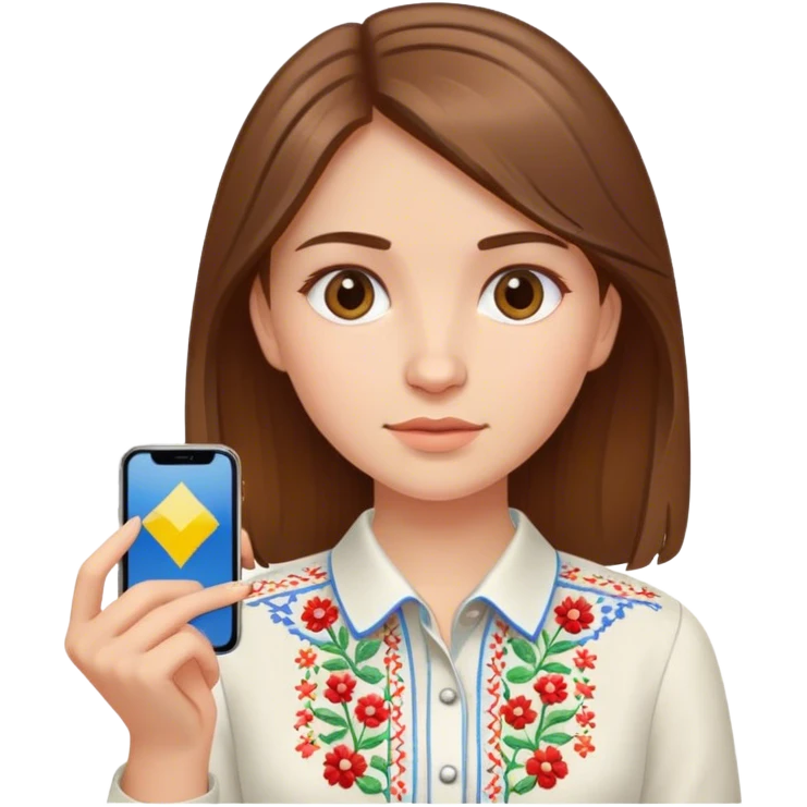A Ukrainian girl with brown hair in an embroidered shirt holds a diagram in her hand emoji
