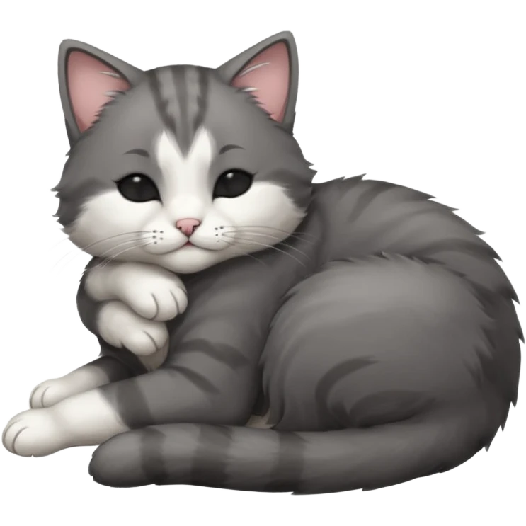 dark grey and white small cat with his eyes closed, leaning his head on his paw while leaning on his elbow lying down emoji