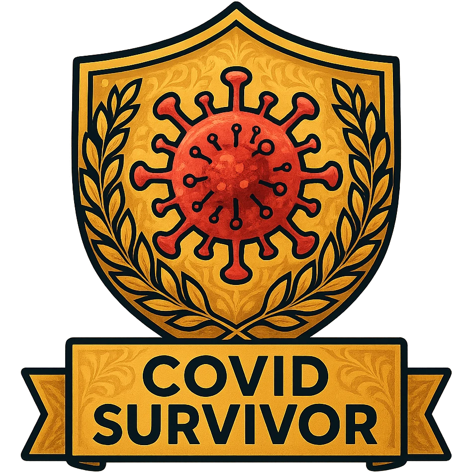 Make the badge more detailed: add intricate patterns to the shield, a more realistic virus symbol, subtle gradients, and a gold laurel wreath around the edge. Keep the celebratory style and 'COVID Survivor' text. emoji
