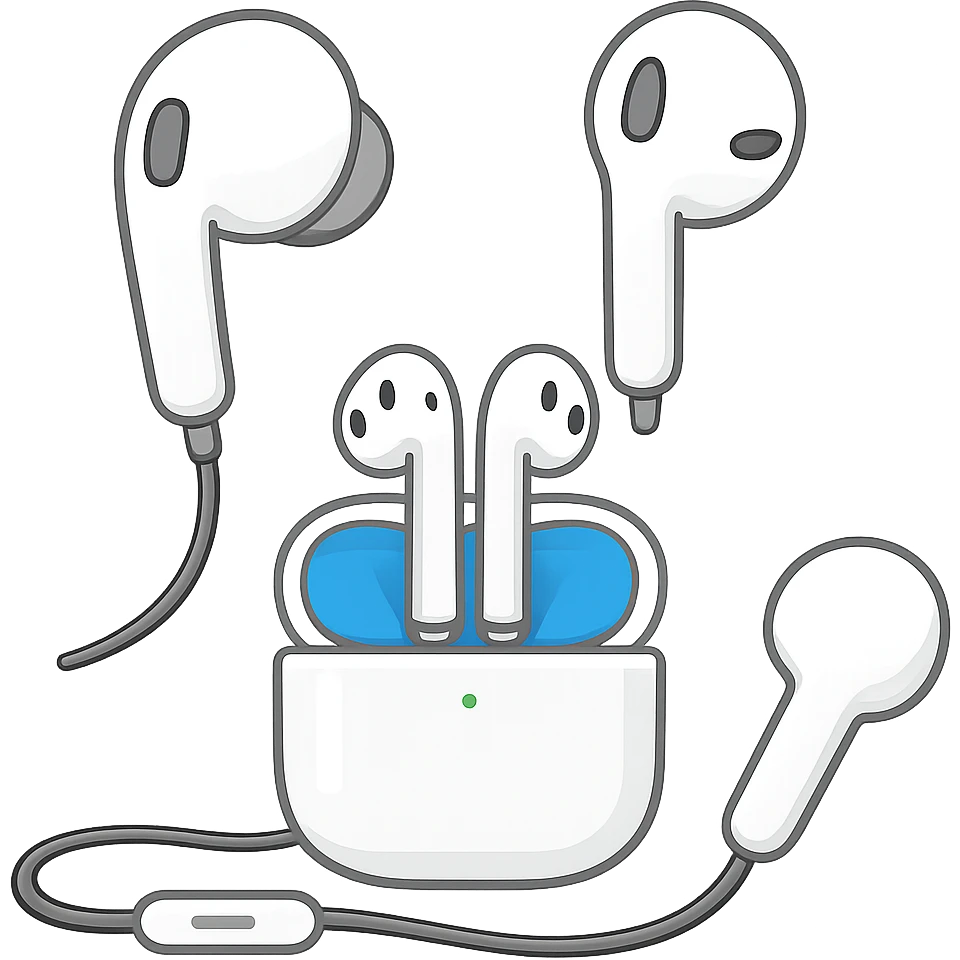 EarPods headphones in emoji style, different angles, white emoji