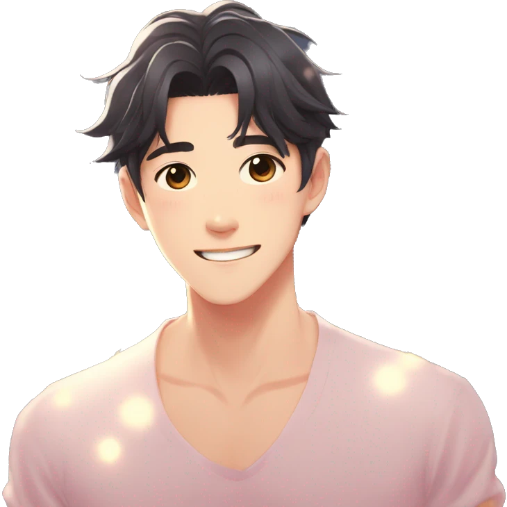Gorgeous bright sparkly romantic Asian anime gentle man with blushing face aesthetic trending style outside emoji