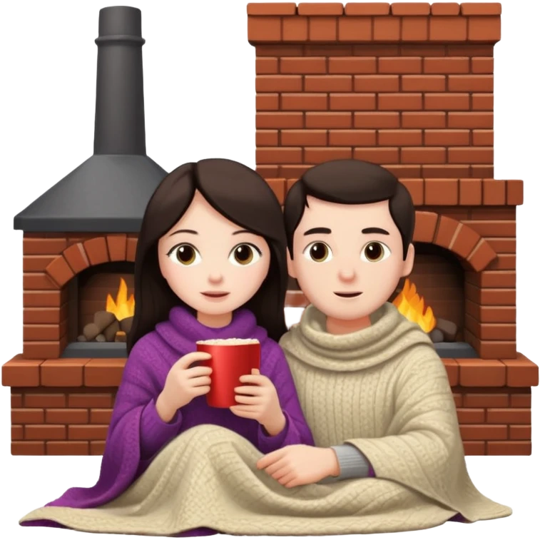 woman with dark hair with her husband at home near chimney watching movie under blanket cozy vibe emoji
