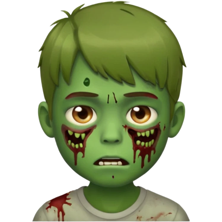 quero um emoji de um menino com pele de zumbi cabelo castanho claro e de franja, olhos menores boca fechada pele verde faça os machucados na cara inteira  emoji