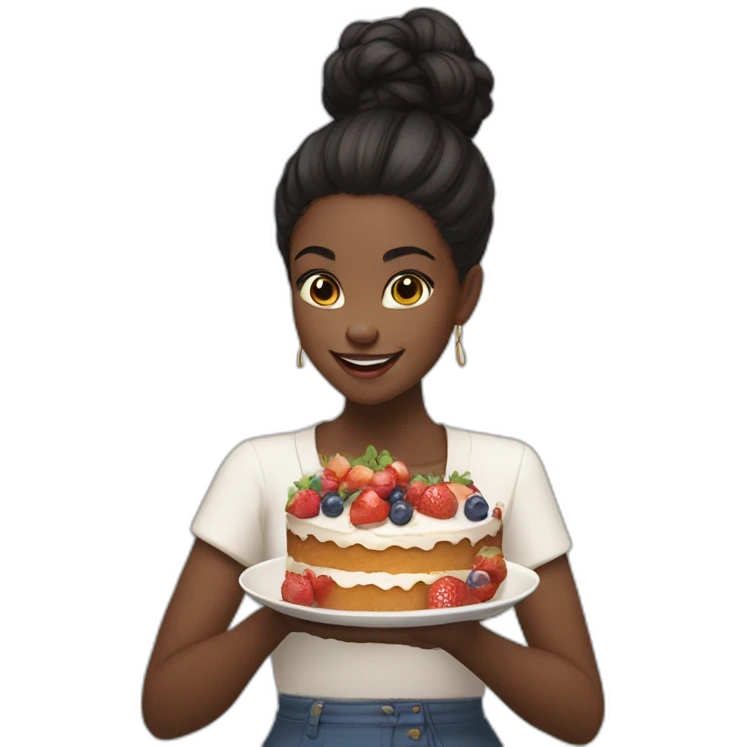 A black girl, black hair in a bun, eat cake throwing fruits away emoji