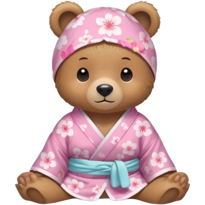 A cute light-brown bear wearing a pastel pink sakura-patterned yukata loosely, normal balanced body ratio.  
Relaxing in a warm hot spring with steam around, a small towel on the head, peaceful happy expression.  simple scenic background with rocks. emoji
