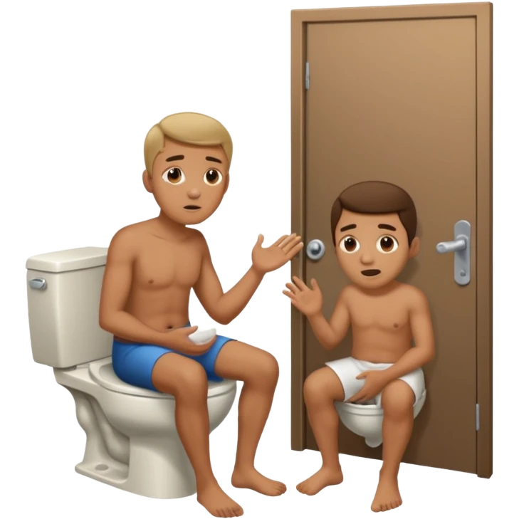 Man using the toilet while the other man is banging on the door begging holding it emoji
