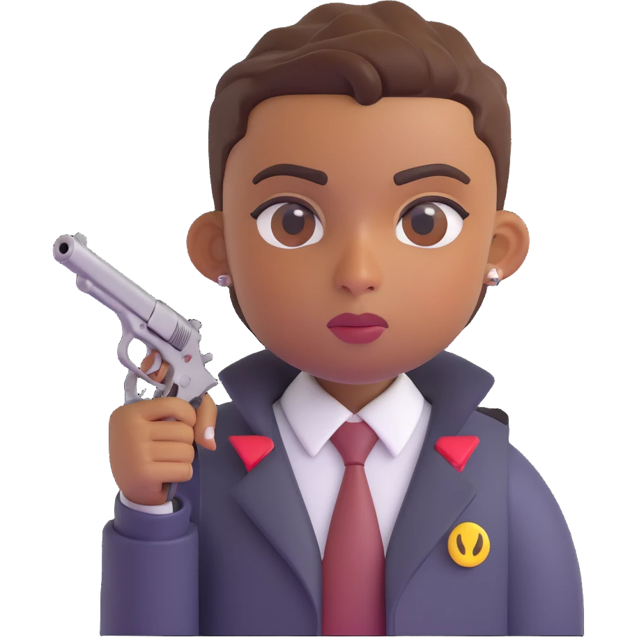 brown-skinned boy with low taper fade, coily hair, septum piercing, two eyebrow slits on left eyebrow, long nose bridge, button nose, holding a gun, serious face, 3D emoji style emoji