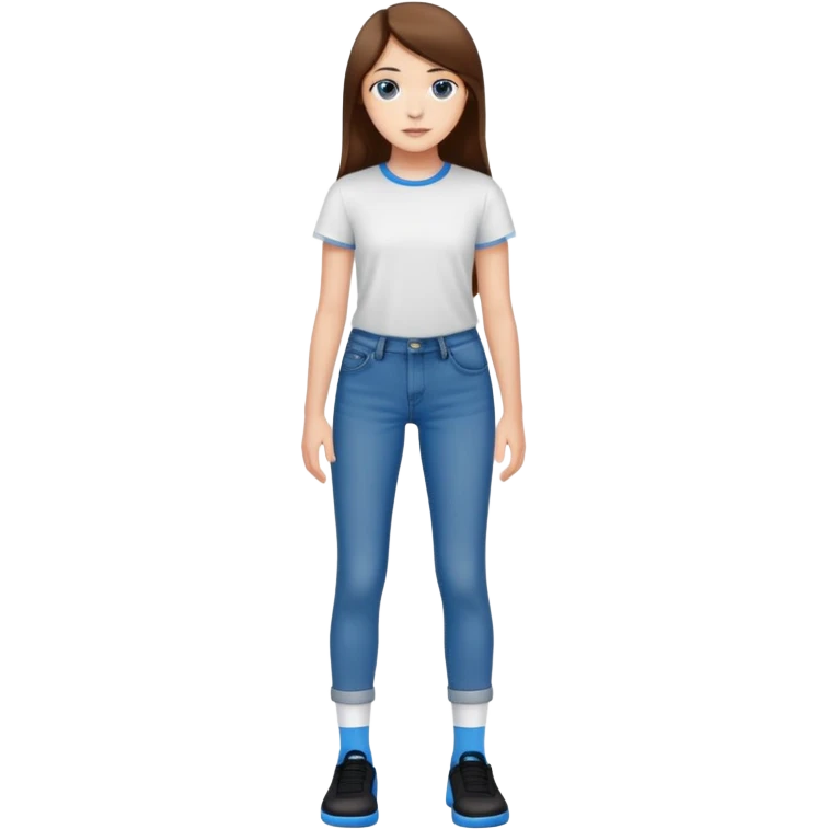 Cute 16 year old white girl that has long straight brown hair wearing a white T shirt as well as long tight blue jeans with brown eyes, and her wearing black socks and blue shoes emoji