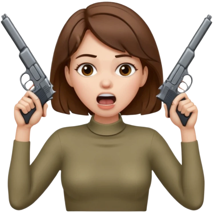 the woman emoji with brown hair and white skin choking herself  with both hands around her neck with her mouth open and two arms from behind her holding a gun in each hand point directly at her head emoji