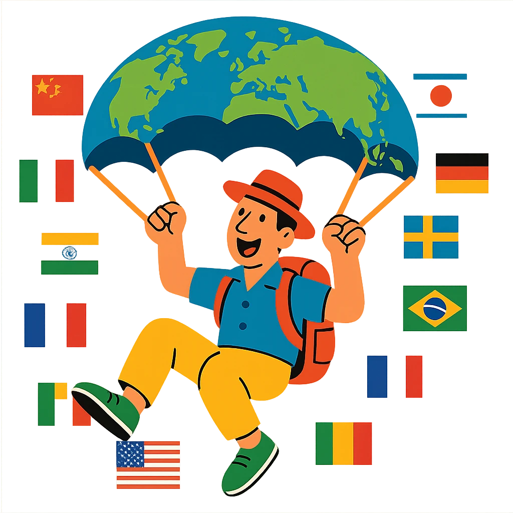 A joyful tourist on a cultural mission, parachuting with a world map, modern illustration, vivid colors, diverse country flags, energetic and colorful. emoji