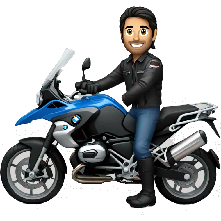 motorcycle bmw gs 1250 black and male rider on bike dark hair blue eyes emoji
