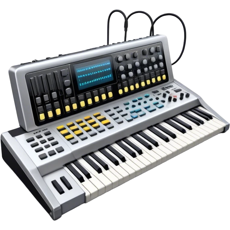 Create a professional and detailed emoji that represents sound design. The design should feature a high-end studio synthesizer, specifically a Korg synthesizer, with a mixing console and control panel, all connected with audio cables. Surround the equipment with flowing sound waves or musical notes to symbolize the creation and manipulation of sound. Use colors like metallic silver, black, and neon accents to emphasize the technical, creative nature of sound design. The background should be transparent. emoji