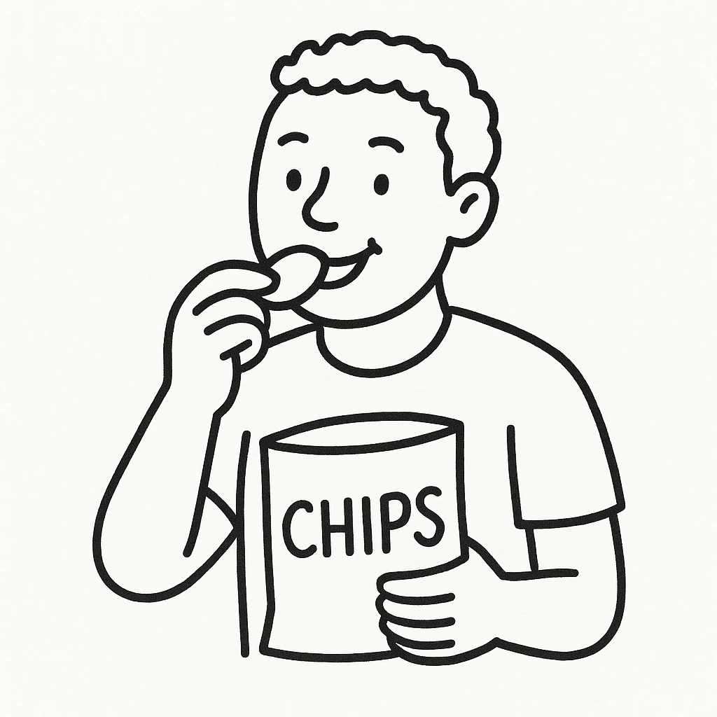 man eating chips, more white, smiling a little, doodle emoji