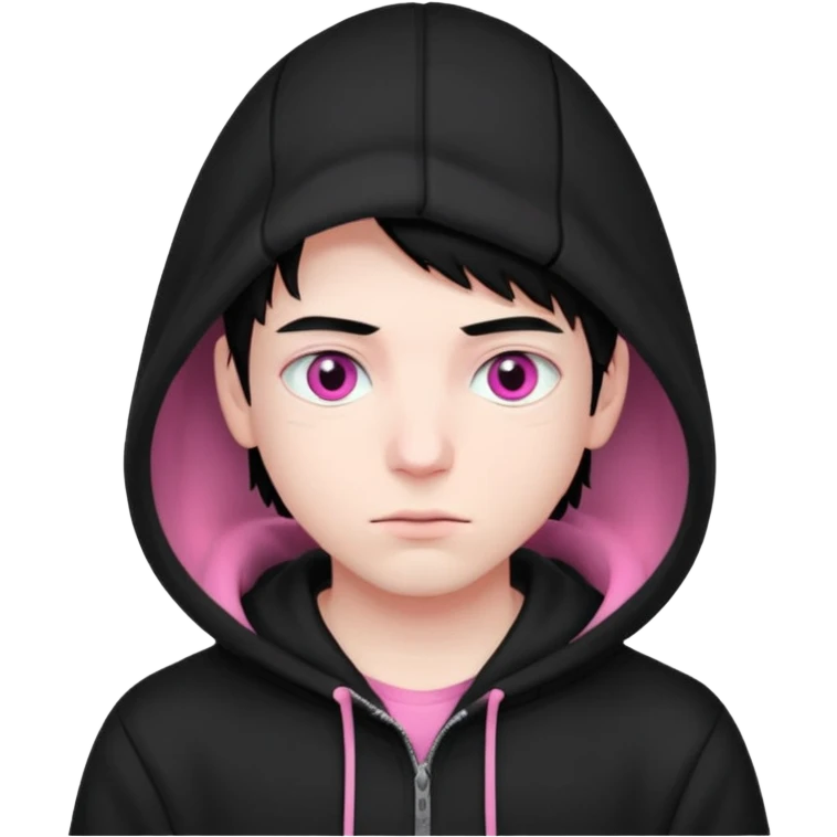 young man that has pink eyes with black hair and wearing a black hoodie that is completely black and the white part is the only pink part emoji