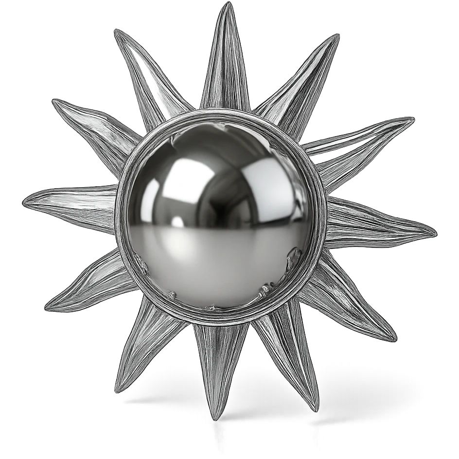chrome style sun with radiant metallic rays, highly reflective and polished emoji