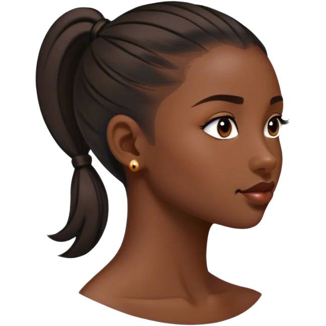 Side profile with hyperpigmentation and a slick back ponytail. Big arch nose and fat lips emoji