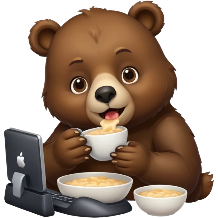 Bear eating porridge playing computer game emoji