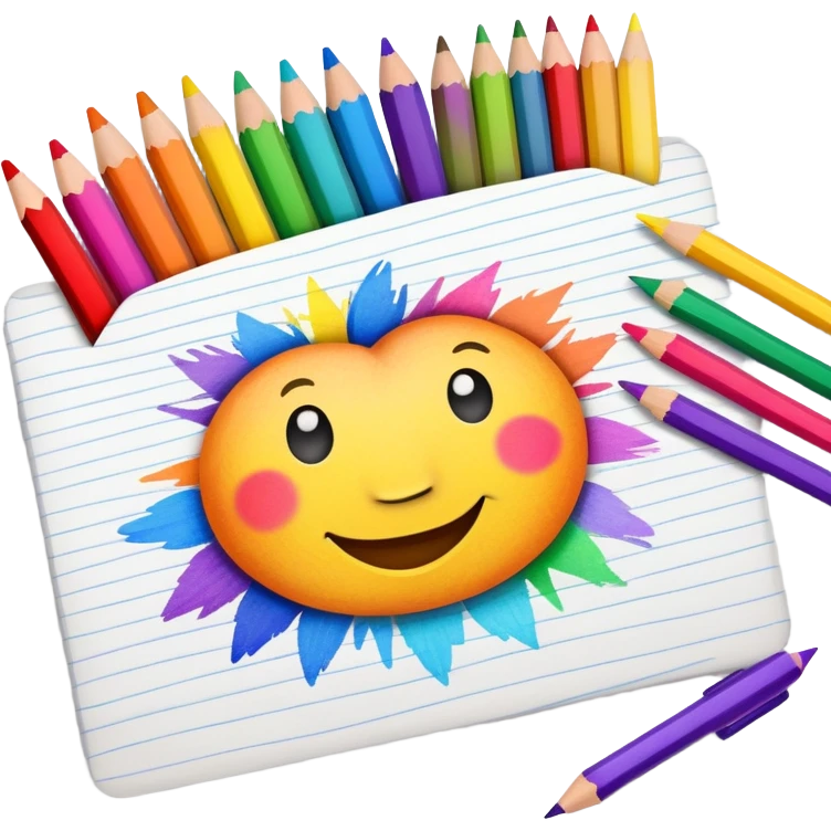 colorful drawing on paper with crayons and pencils nearby, fun and inviting emoji