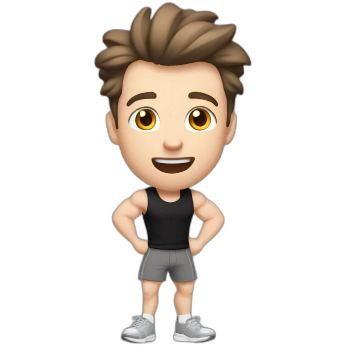 amazed Open with surprise mouth Pale skinned Fit Man With the biceps and dark brown hair in black shirt, gray sports shorts and white Sneakers emoji