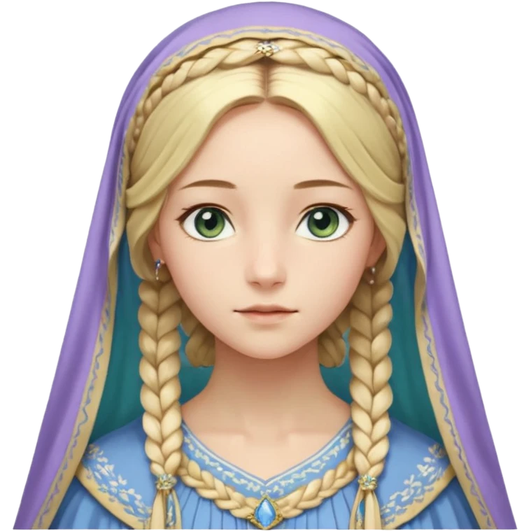 Joven de unos 30 años, de aspecto dulce y elegante.
Piel clara, ojos (pueden ser azules o verdes)
Rubio o castaño claro, largo, con trenzas o velo.
Vestido largo de tonos suaves (blanco, azul o lavanda), con bordados dorados; un manto o toca fina cubriendo la cabeza. Haz todo el cuerpo. emoji