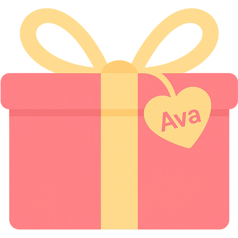 Add the name 'Ava' to the heart-shaped gift tag in the same color icon style, with no background. emoji